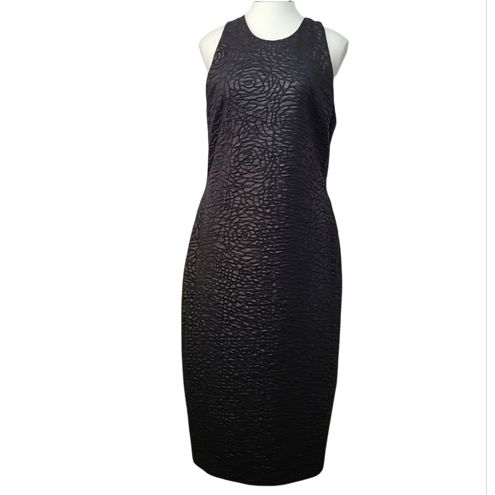 Alexia Admor Black Floral Midi Dress Sz 14 Textured Contemporary Neutral Classic